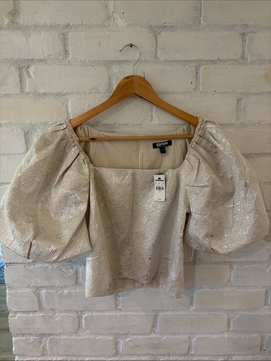 Rachel Zoe Tops - Rachel Zoe Metallic Ivory Puff-Sleeve Brocade Top